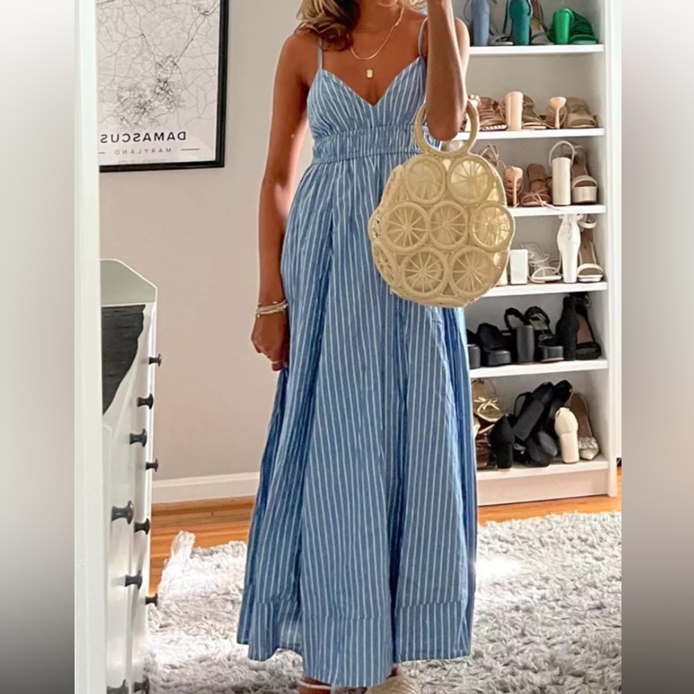 AE blue stripe V-neck midi dress in size Small